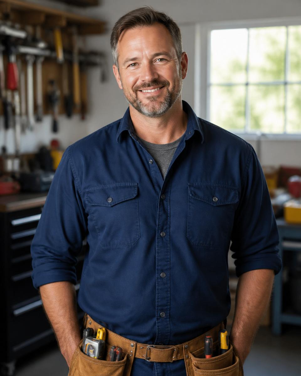 Uniformed local handyman holding a cordless drill outside a customer's home