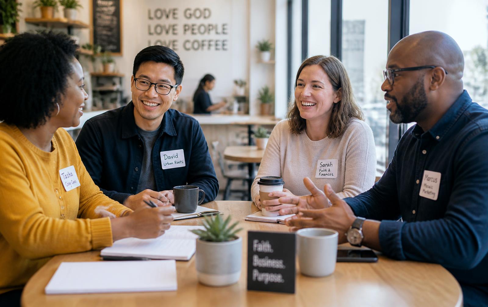 Christian business owners meeting together over coffee